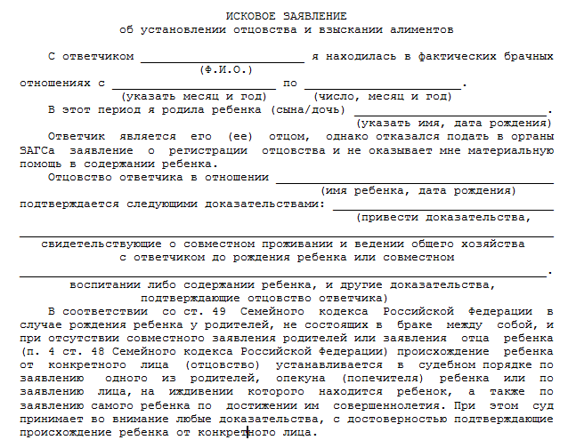 Исковое заявление об установлении отцовства и взыскании алиментов образец