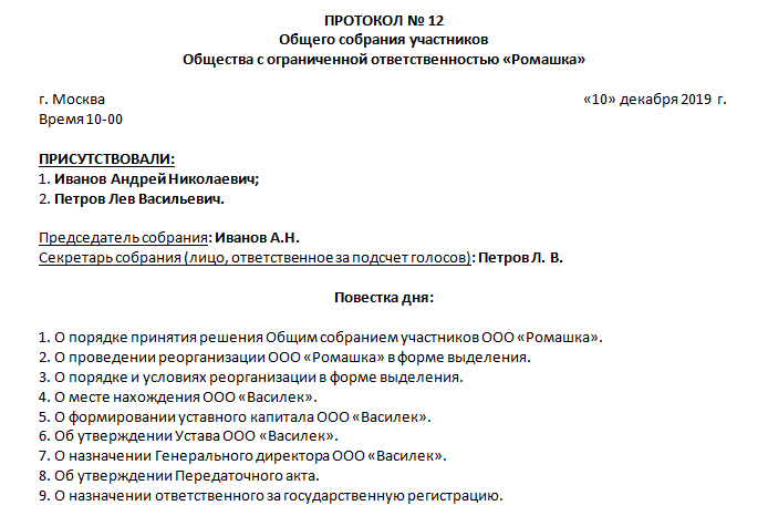 Образец протокола о реорганизации ооо в форме выделения