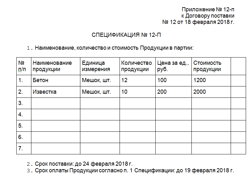 Приложение номер 1 к договору образец