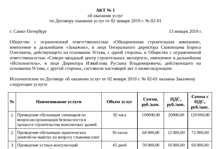 Акт об оказании услуг по перевозке груза образец