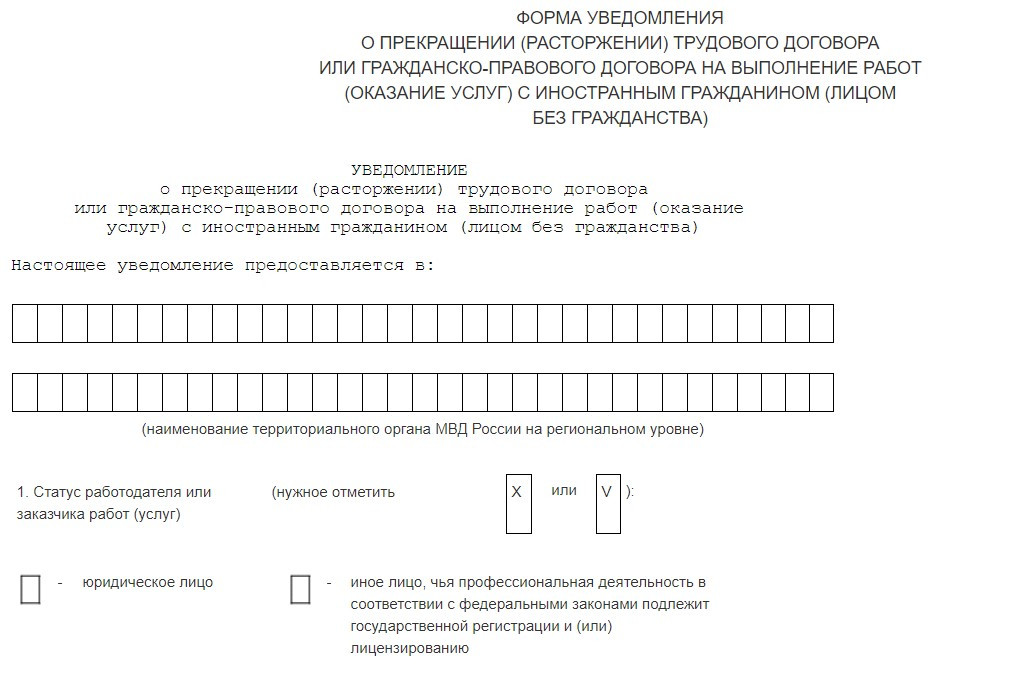 Образец уведомления о расторжении трудового договора с иностранцем