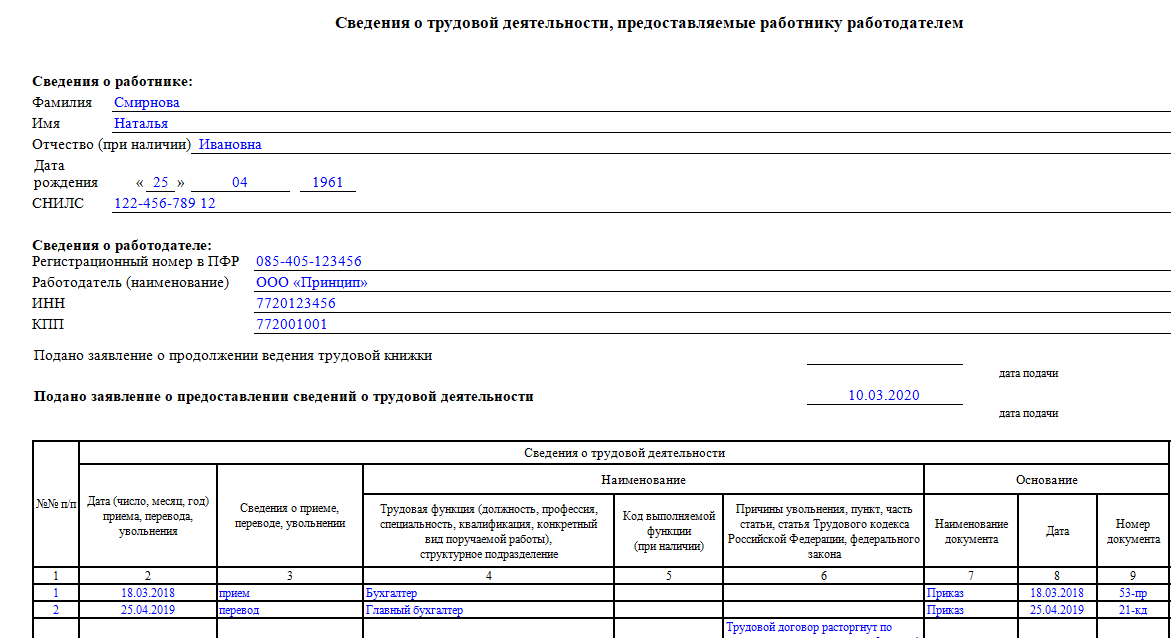 Сведения о трудовой деятельности работника стд р образец