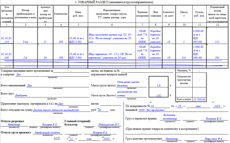 Как заполнять ттн. Товарно-транспортная накладная ТТН-1. Транспортная накладная 1-т образец заполнения. Товарно-транспортная накладная ТТН 2021 пример. Пример заполнения товарно-транспортной накладной форма 1-т.