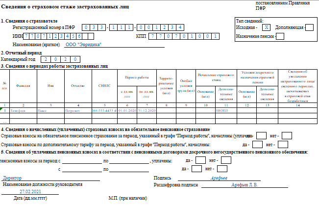 Образец заполнения нулевого СЗВ-СТАЖ