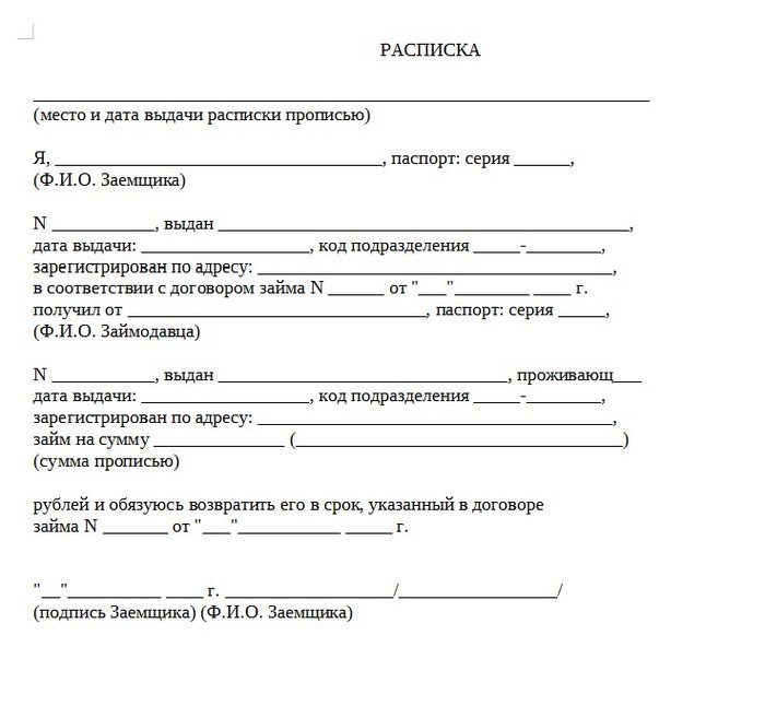 Расписка об обязательстве выплатить деньги образец