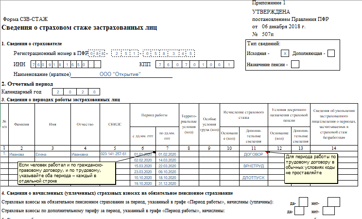 Образец СЗВ-СТАЖ на совместителей