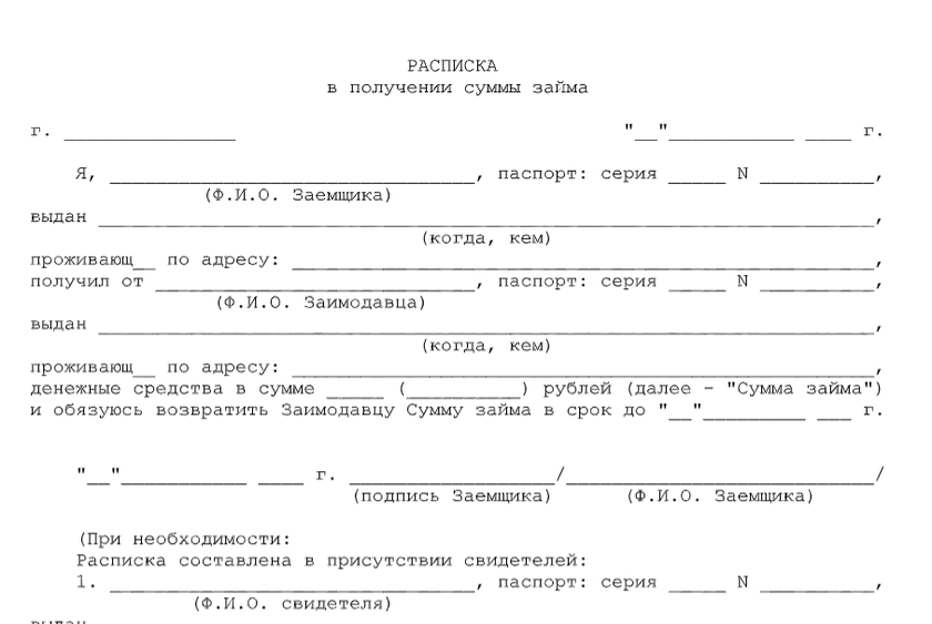 Бланк расписки в получении денежных средств