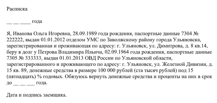 Образец расписки о выдаче суммы займа